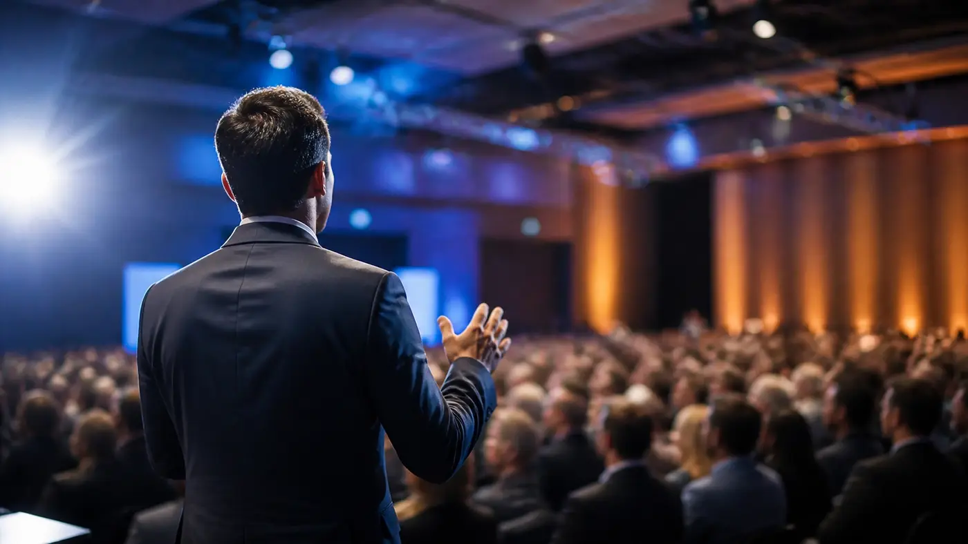 Shawn Wayne speaking to an audience on stage